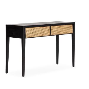 Mesa de consola 140x45x87 em madeira preta com revestimento em rattan natur