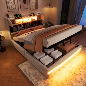 Cama estofada 140x200cm com arrumação e LED linho – bege