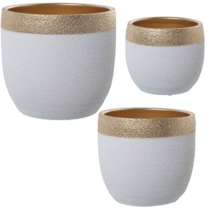 Conjunto de 3 vasos de flores brancos e dourados
