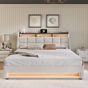 Cama estofada 180x200cm com LED e usb linho – bege