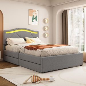 Cama estofada com LED e gavetas 90x200cm cinzento