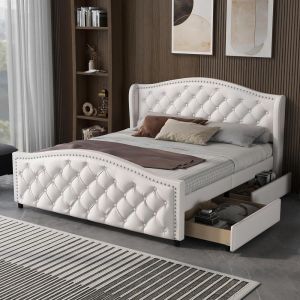Cama 140x200cm, 2 gavetas, estrado de ripas, cabeceira alta branca