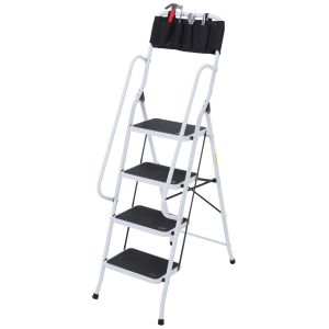 Escada dobrável aço, pp, PVC e eva branco e preto 50x83x155 cm