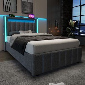 Cama estofada 90x200cm com arrumação, LED e carregamento linho – cinzento