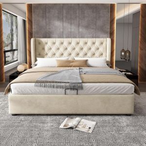 Cama chesterfield 140x200cm com arrumação veludo beige