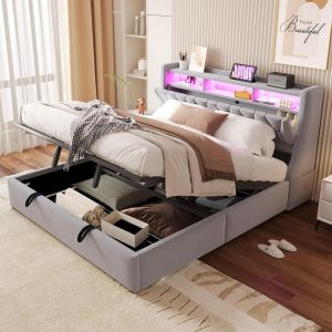 Cama estofada 180x200cm veludo com LED, usb e baú hidráulico