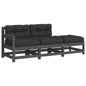 3 pcs conjunto lounge jardim c/ almofadões madeira maciça cinza