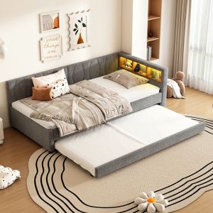 Cama de tecido 90x200cm com arrumação LED usb tipo c linho cinzento