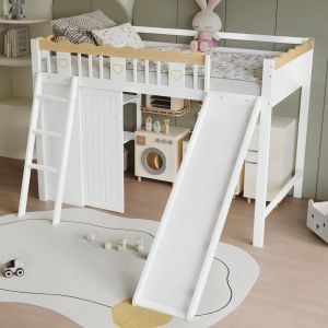 Cama alta 90x200cm com escorrega e arrumação madeira branco natural