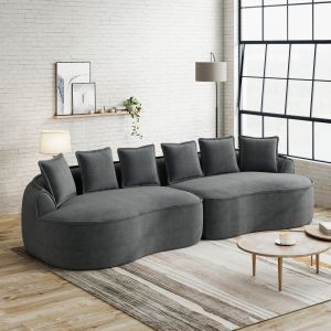 Sofá modular 4 lugares em chenille cinzento com almofadas