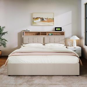 Cama casal 160x200cm com arrumação cabeceira ajustável bege