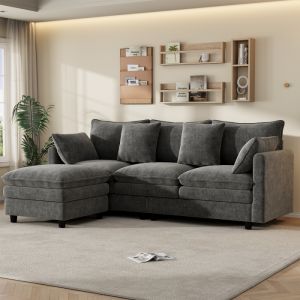 Sofá de canto em l chenille cinzento 3 lugares com chaise longue móvel