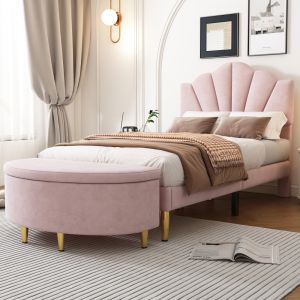 Cama estofada 90x200cm com banco e arrumação veludo rosa