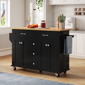 Ilha de cozinha com rodas 5 gavetas preto e natural 89x140x40cm