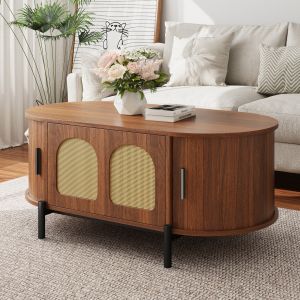 Mesa de centro com arrumação rattan nogueira 40x100x50cm