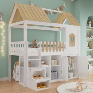 Beliche 90x200cm com arrumação guarda roupa janela madeira branco natural