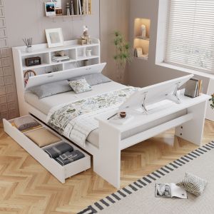 Cama juvenil 140x200cm com arrumação mesa dobrável madeira – branco