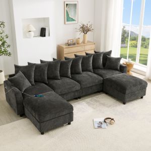 Sofá modular em u ou l chenille cinzento 6 lugares com usb e type c