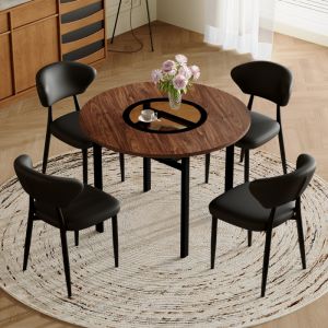 Conjunto mesa redonda com 4 cadeiras em pele pu preto tampo castanho 100 cm