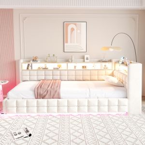Cama estofada 90x200cm com arrumação hidráulica e LED veludo – bege