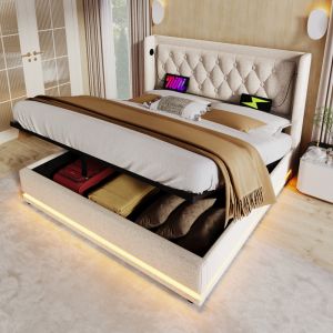 Cama estofada 140x200cm com arrumação LED usb e tipo c aLGodão – bege