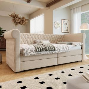 Cama sofá 90x200 cm com gavetas, estrado de ripas e cabeceira bege