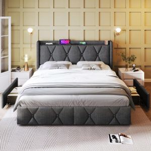 Cama 140x200cm cinzenta com usb, tomadas, 4 gavetas e estrado de ripas