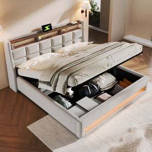 Cama estofada 160x200cm com usb e LED linho – bege