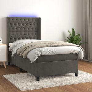 Cama box spring c/ colchão/LED 90x200 cm veludo cinzento-escuro yht1203