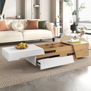 Mesa de centro com deslizante e 2 gavetas natural e branca 37,5x120x50cm