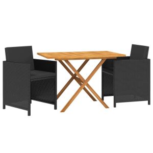 vidaXL juego de comedor de jardín 3 piezas con cojines negro