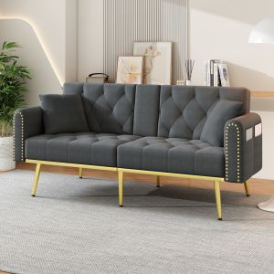 Sofá-cama veludo cinzento 2-3 lugares encosto ajustável porta-copos