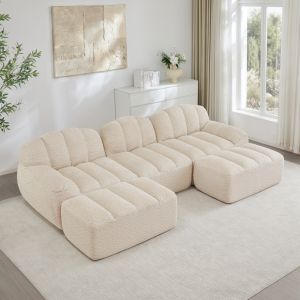 Sofá modular em u com 2 otomanas em tecido polar granulado bege e branco