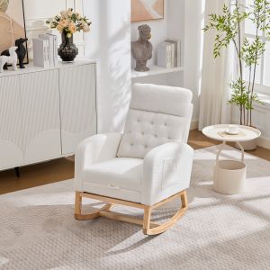 Cadeira de balanço em bouclé branco com apoio para pés e bolsos laterais