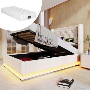 Cama solteiro 90x200 cm com LED, usb e cabeceira acolchoada, cinza