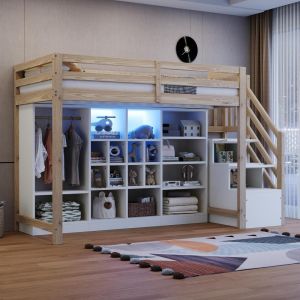 Cama alta 90x200 com roupeiro, prateleiras, escada e LED