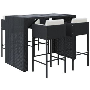 vidaXL mesa y taburetes altos jardín 5 pzas y cojines ratán pe negro