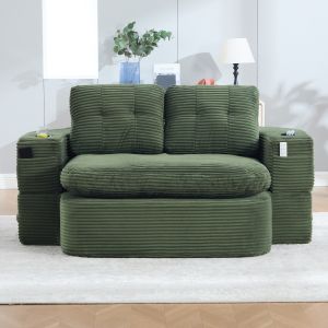 Poltrona 2 em 1 em cotelê verde esmeralda com função reclinável e apoios