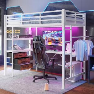 Cama alta 90x200cm preta e branca, LED, secretária, usb, 3 gavetas
