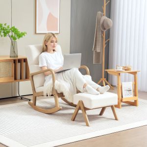 Cadeira de balanço repousa-pés poliéster branco creme 1 lugar sala e quarto