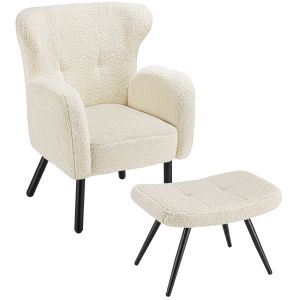 Tectake poltrona com banquinho em bouclé, aço, estofada, creme/preto