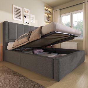 Cama tapizada,90x200,portavasos ocultos,gris,incluye colchón