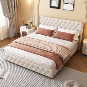 Cama estofada 140x190cm com estrado e cabeceira linho – bege