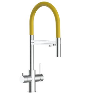 Grifo cocina 5 vías acero inox ducha 2 chorros amovible, cepillado/amarillo