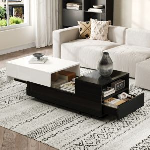 Mesa de centro com duas gavetas branco preto 38x100x50cm