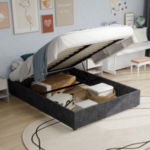 Cama estofada 160x200cm com estrutura tecido e metal – cinzento