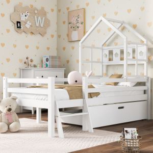 Cama infantil alta 90x200cm com escada e gaveta madeira cor branca