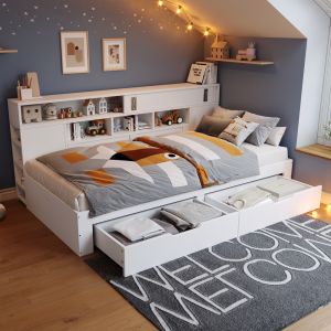 Cama com arrumação 140x200cm com gavetas mdf – branco