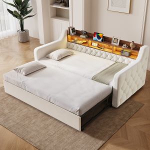 Sofá cama 90x190cm com arrumação LED usb tipo c veludo – bege