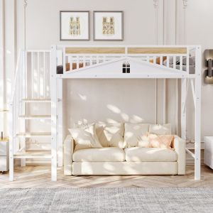 Cama alta metálica 90x200cm com guarda-corpos e escada, branco